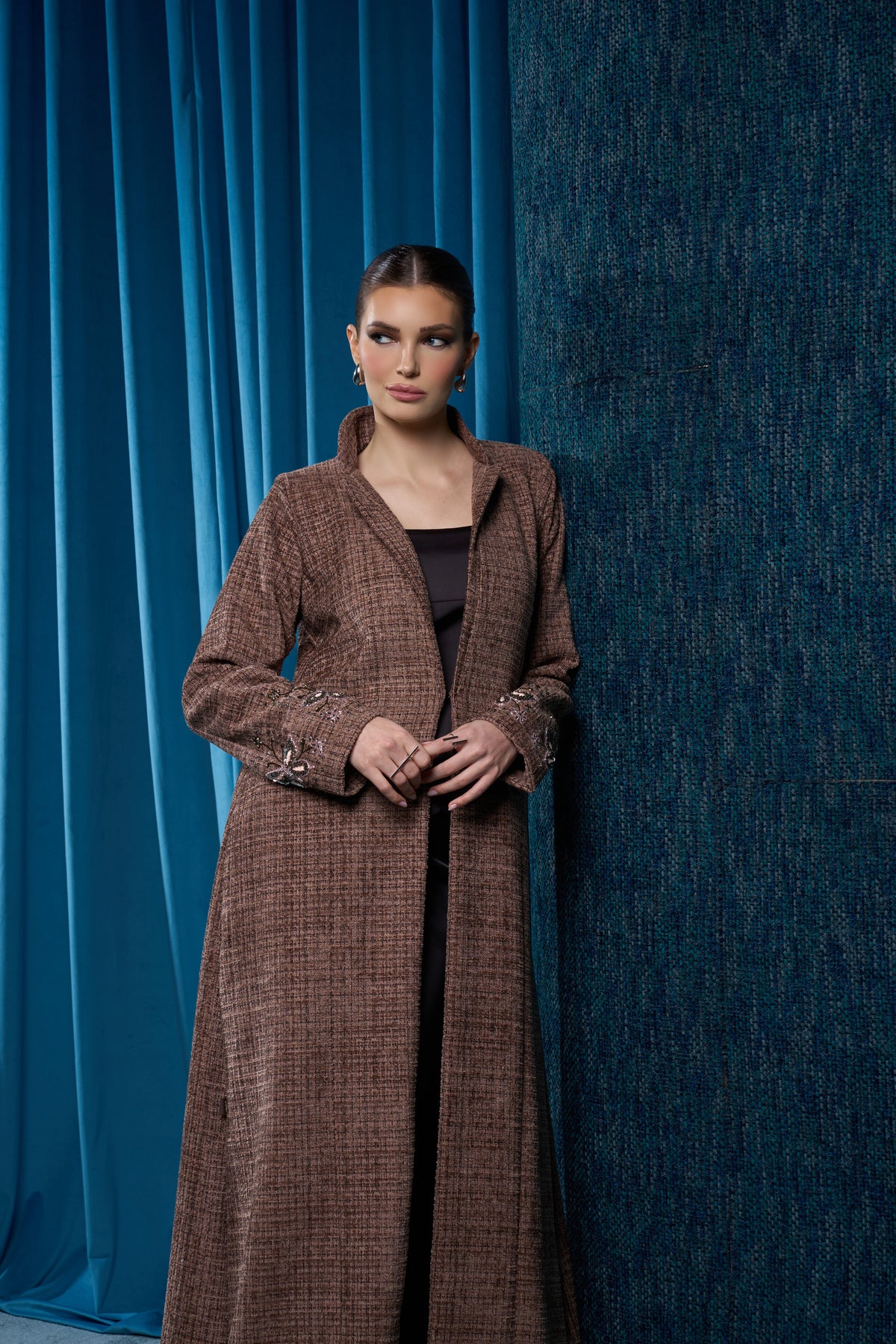 Hissa Line brown tweed abaya with embellished cuffs in the original studio